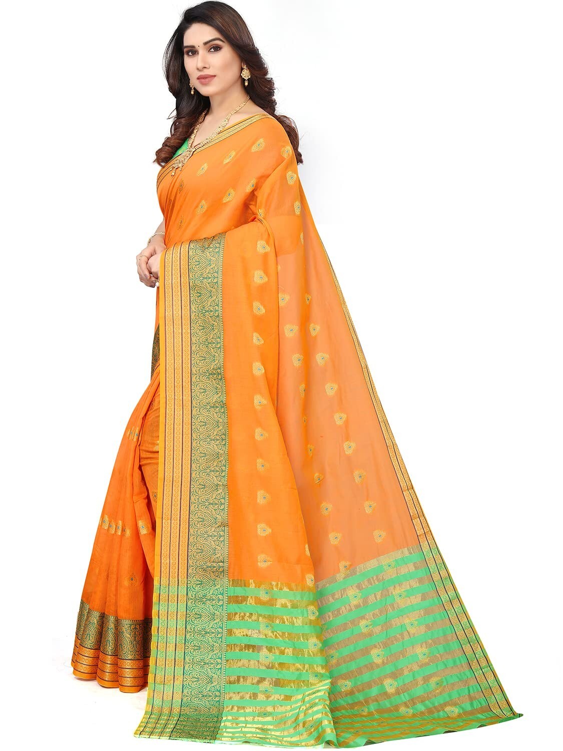 Women’s Jacquard Cotton Blend Golden Zari Woven Saree with Running Boluse Piece