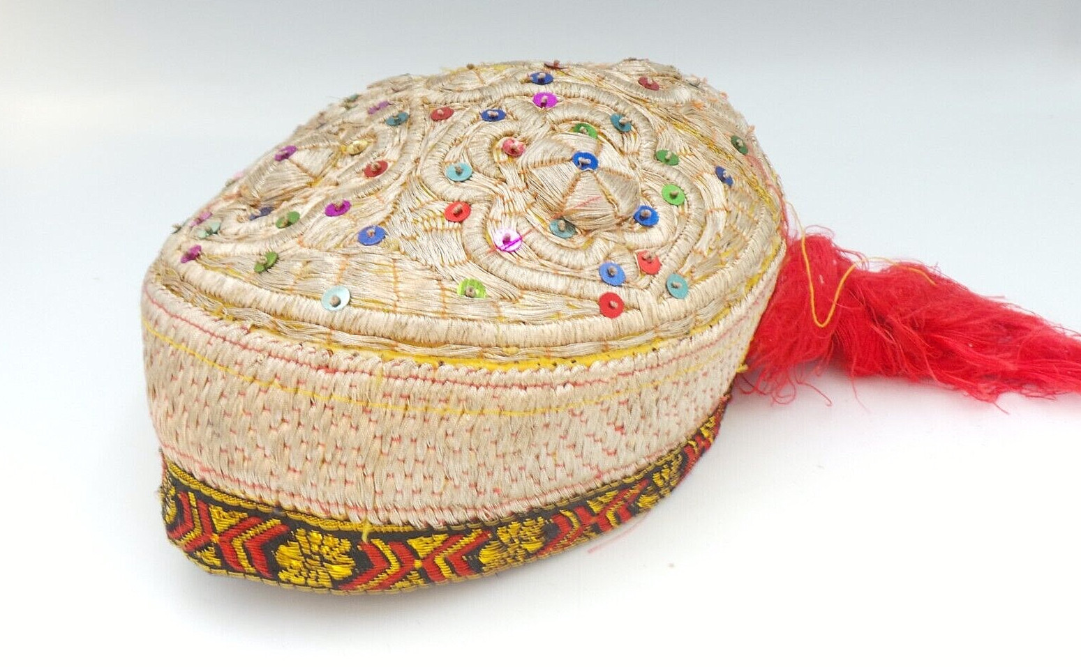 Antique Bride wedding Uzbek Bukharan Gold Gilded Hand Embroidery Cap Hat Ethnic