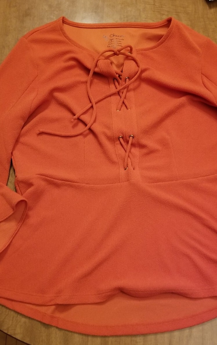 Chico’s Womens Bell Sleeve Lace-Up Poet Blouse Size 2 Orange/Pumpkin EUC Free Sh