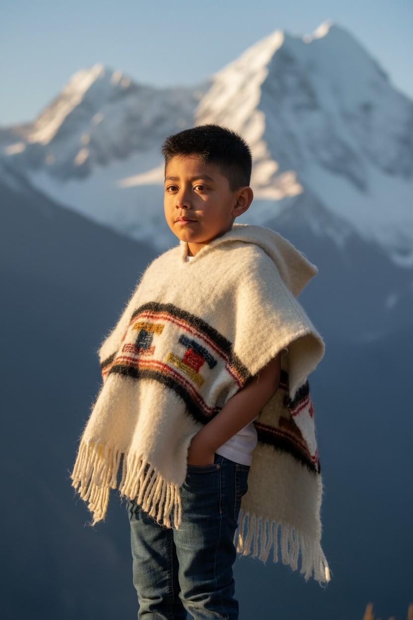Vintage Child Size Guatemalan Wool Serape Poncho W Hoodie 16×20″ Handloomed