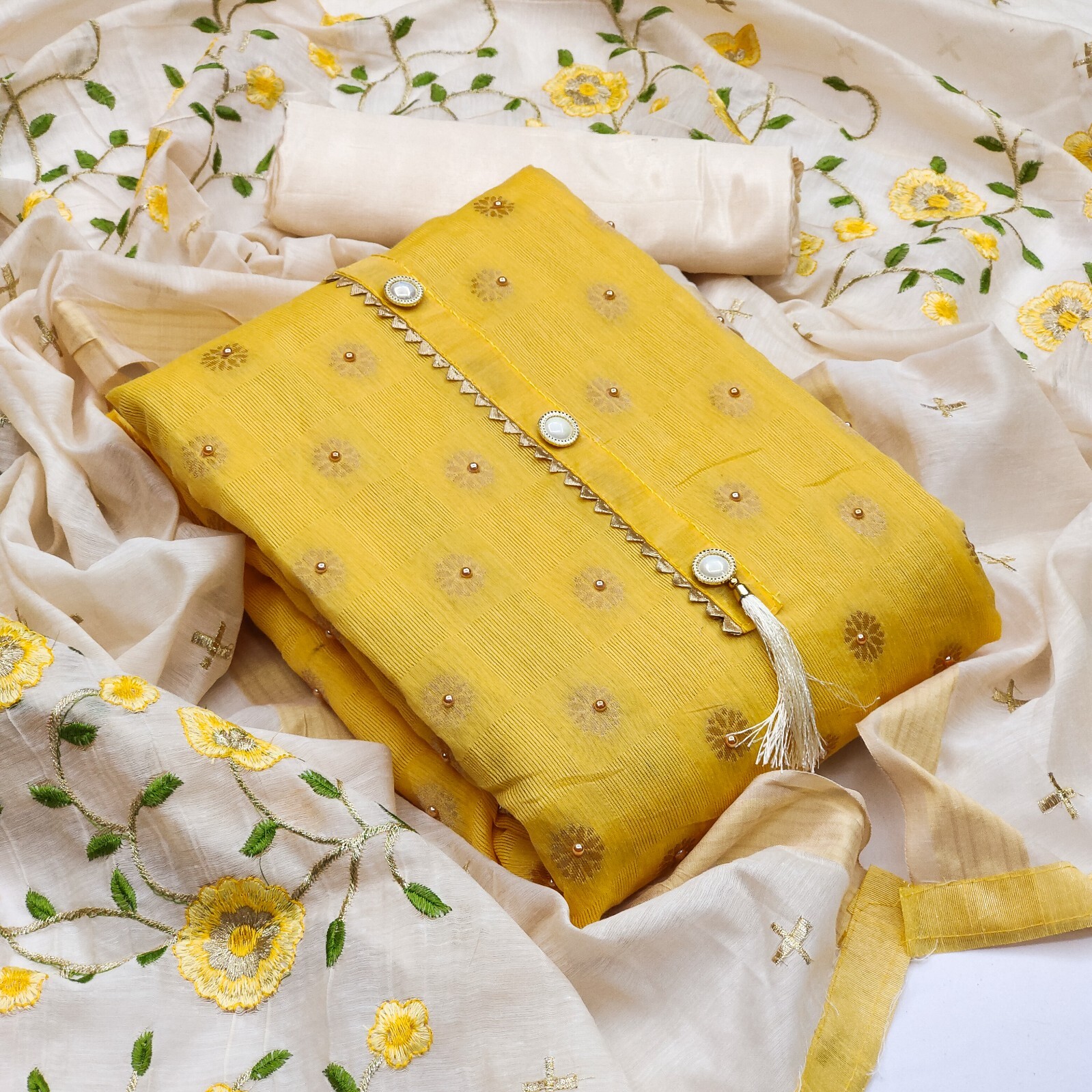 Women Jacquard Button & WovenWork Kurti salwar with Chanderi Duppta_2.10m_Yellow