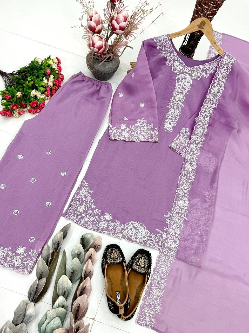 New Launch Lavender Mal Chanderi Kurta Palazzo With Dupatta For Wedding Wear