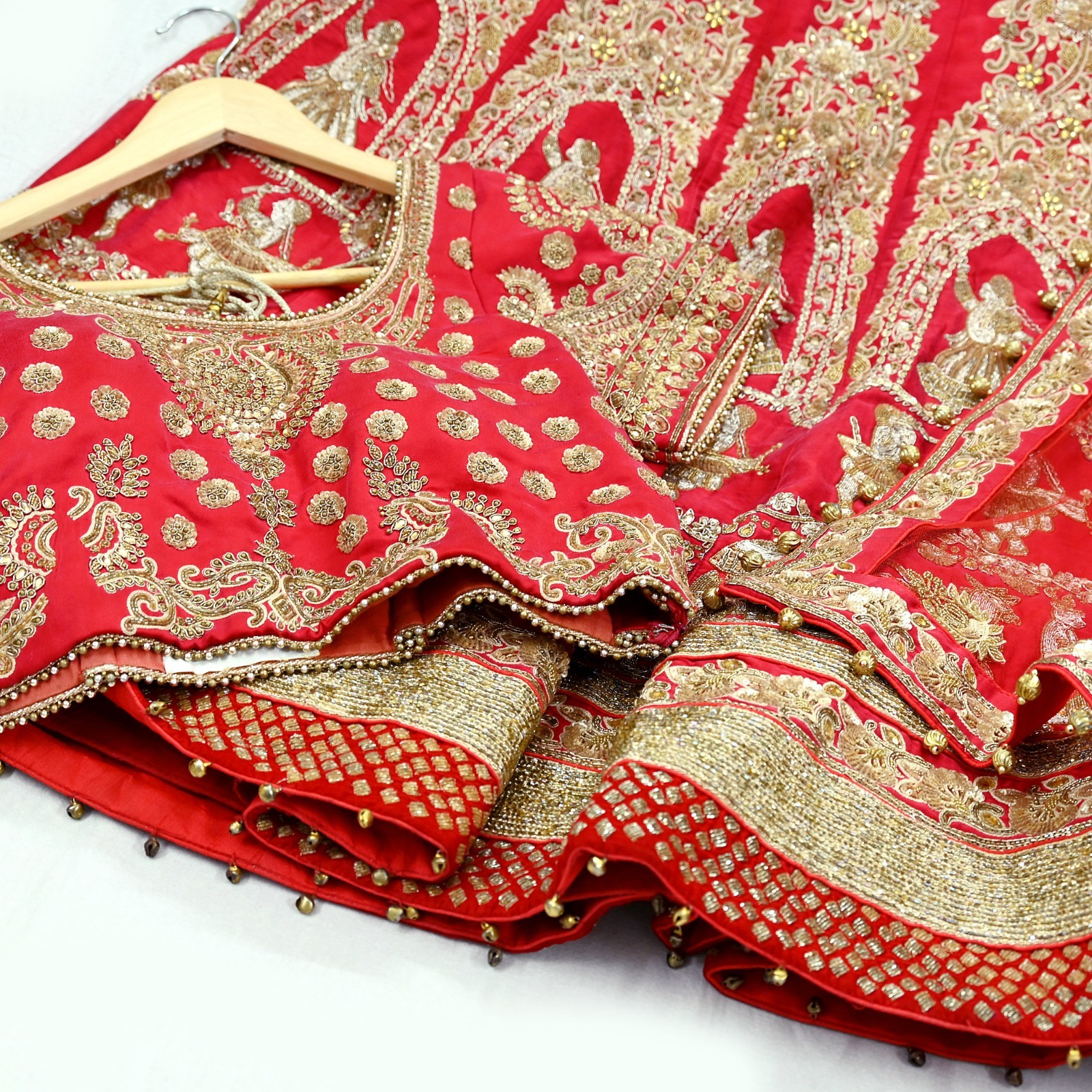 Indian Wedding Red Net/Satin Silk Hand Embroidered Designer Lehenga 3pcs set