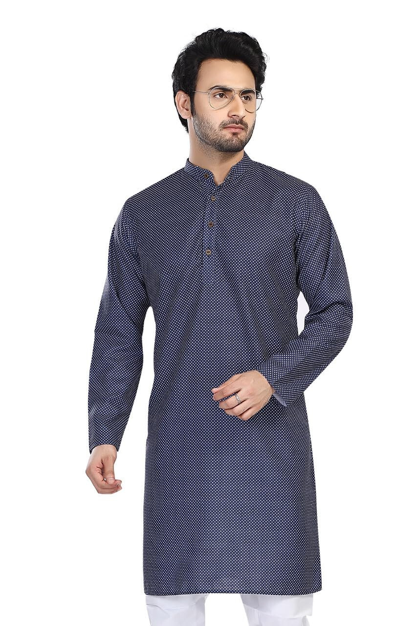 In-Sattva Men’s Cotton Folk Print Banded Sattva-Collar Knee-Length Kurta Tunic