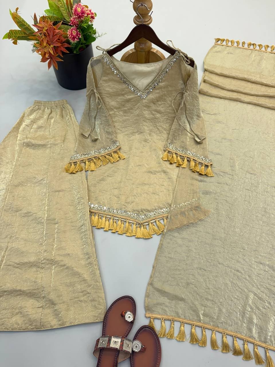 Bollywood Style Doremon Crush Cream Top Palazzo With Dupatta For Reception