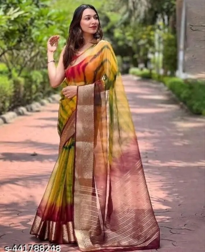 Designer Indian Organza Multicolor Saree With Unstitched Blouse Piece For Women