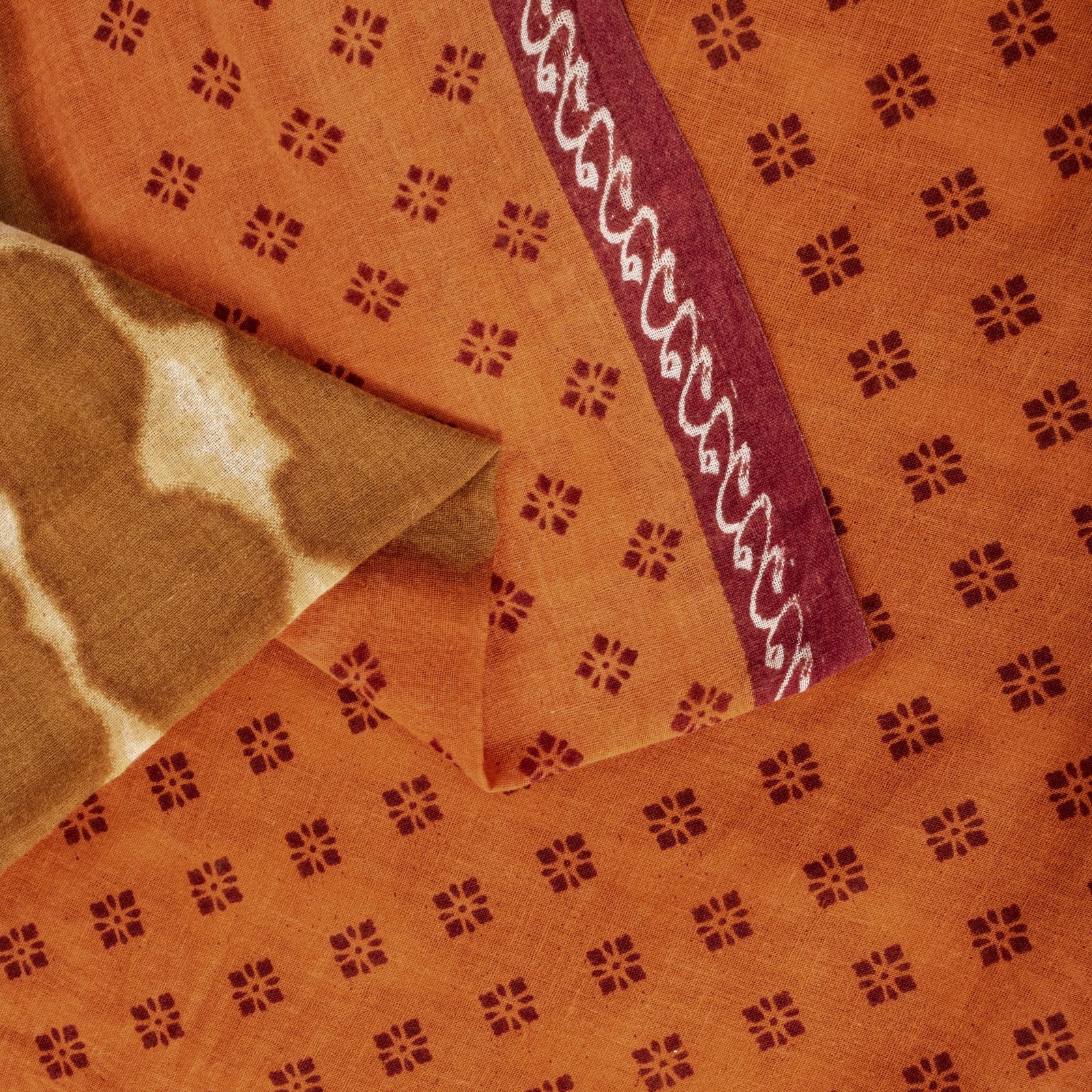 Sanskriti Vintage Saree Orange Pure Cotton Hand Block Print-Batik Work 5+Yd Sari