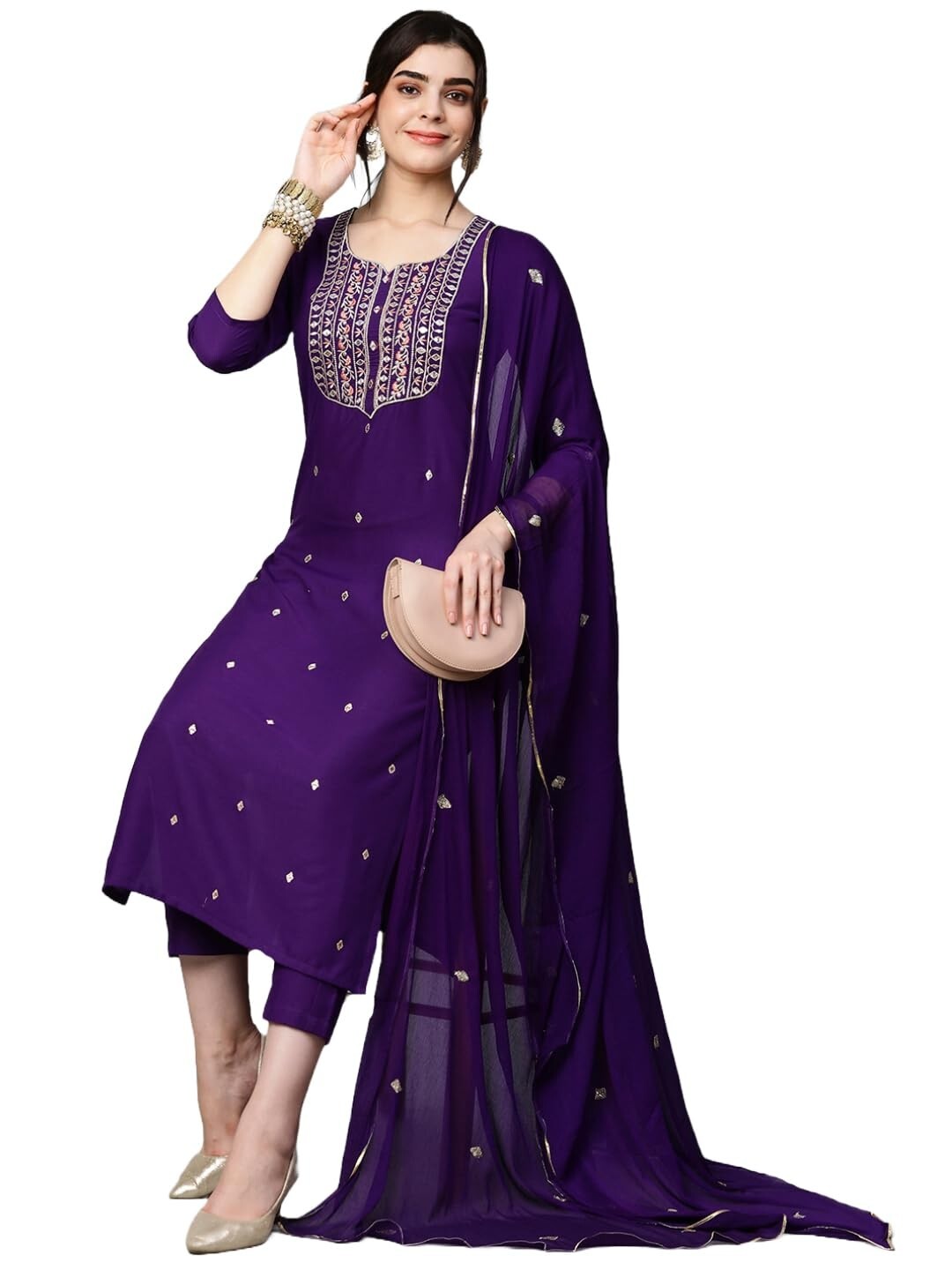 Women’s Cotton Blend Embroidered Straight Kurta with Pant & Dupatta