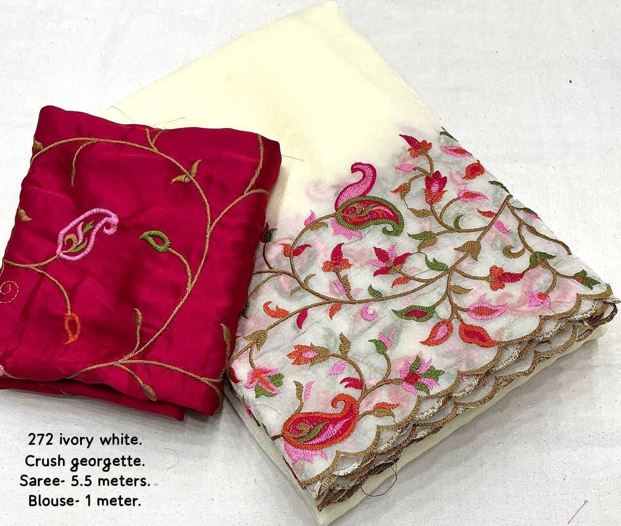 White Color Flower kashmiri style emboridary Cut Work Georgette Crush Saree Sari