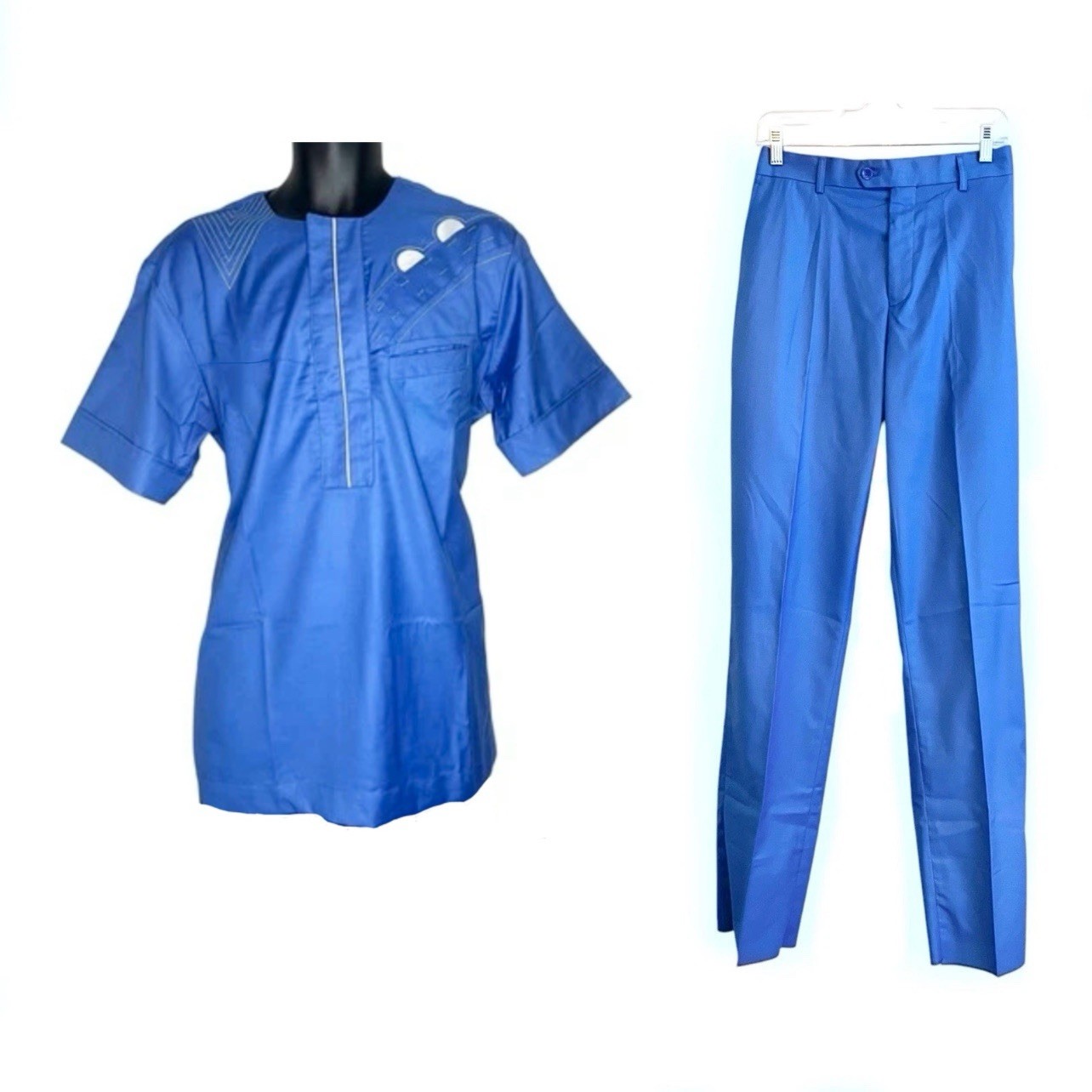 African Nigerian Senator Style Blue Top & Bottom Two Piece Outfit #3