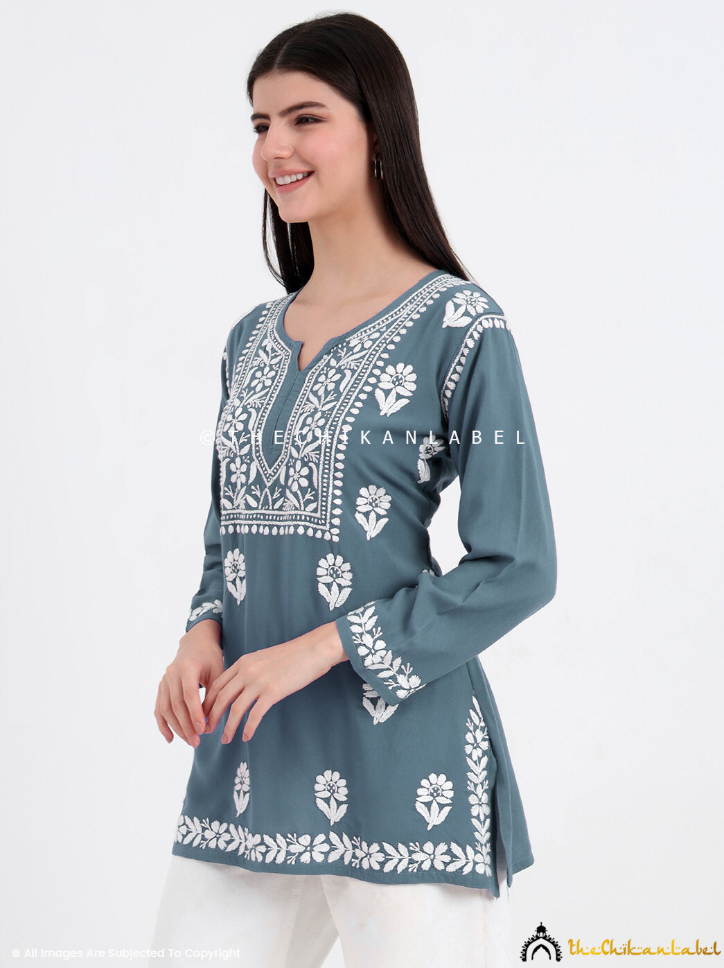Gray Rayon Chikankari Short Top | Lightweight Indian Tunic | Casual Wear