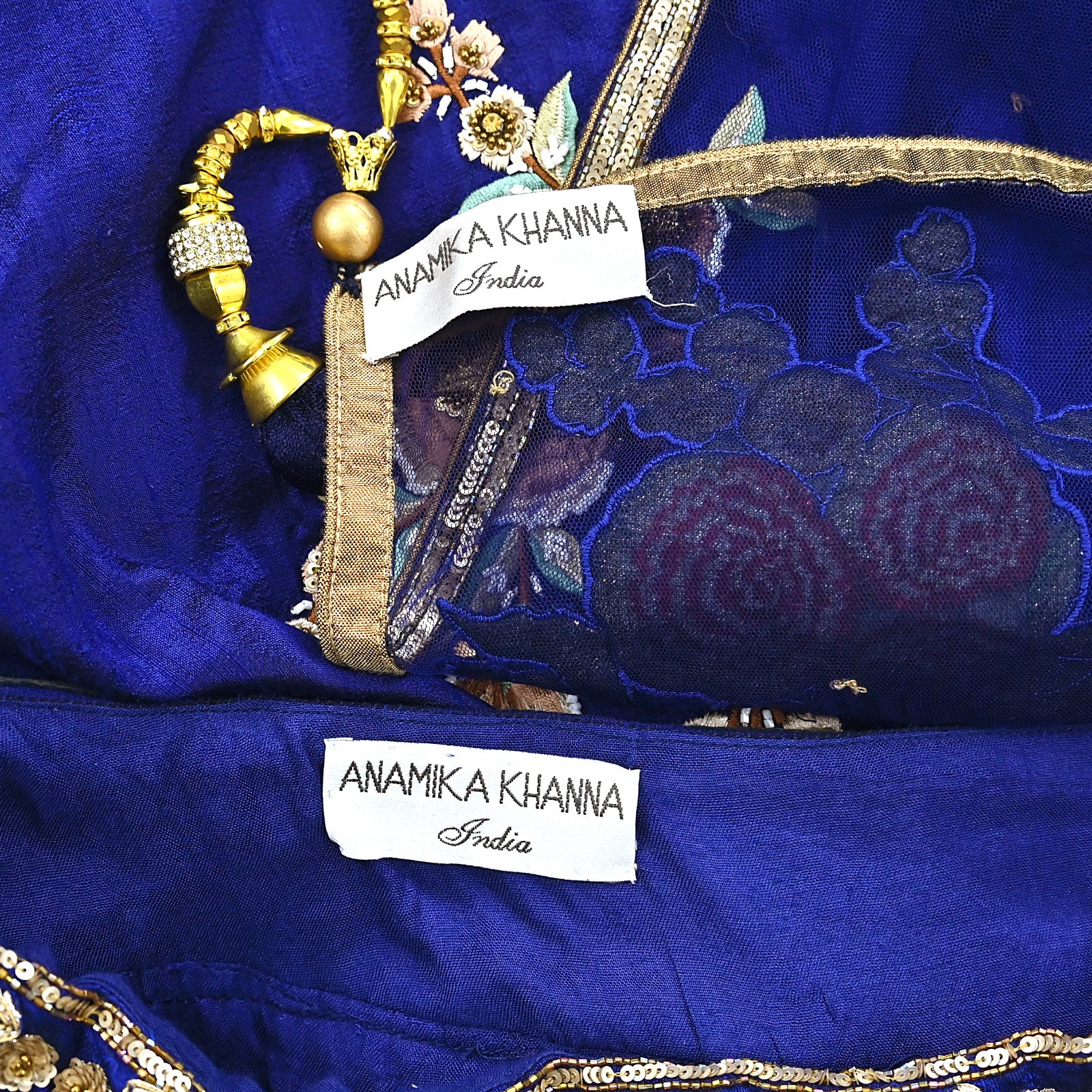 Deep Blue Raw Silk Heavy Hand Embroidered Anamika Khanna Bridal Lehenga 2pcs Set