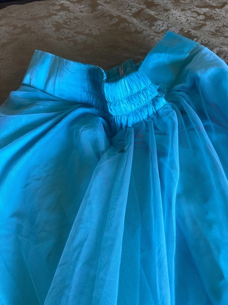 Vintage Indian Sky Blue Tulle Lehenga Skirt Glass Bugle Bead Silver Zardozi 44″
