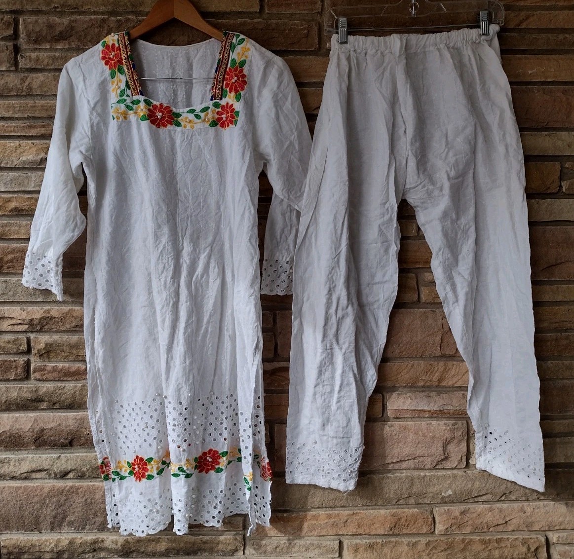 White Cotton Kurta Pant Set Embroidered Dress Top Tunic Eyelets Pearls Sz S
