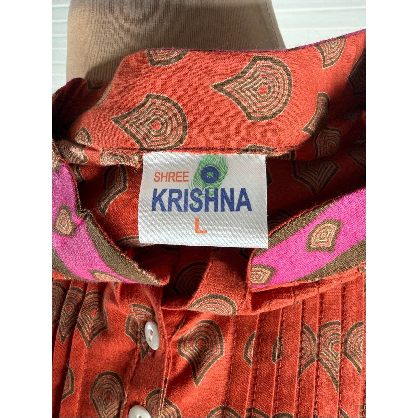 Shree Krishna India Paisley Pleated Kurta Tunic Dress L Boho 3/4 Sleeve