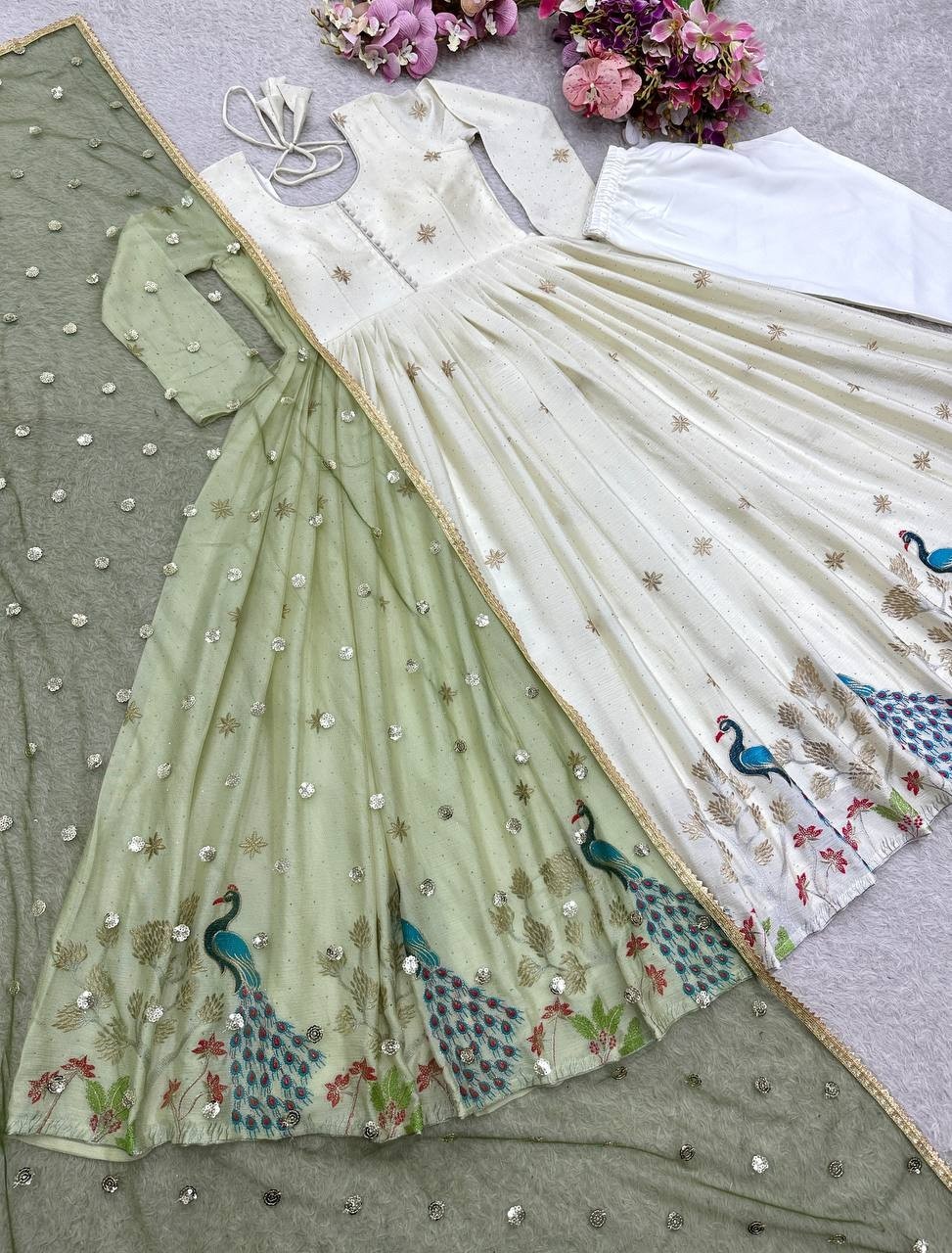 Off White Pure Dola Silk Gown Bottom With Dupatta For Indian Functional Wear