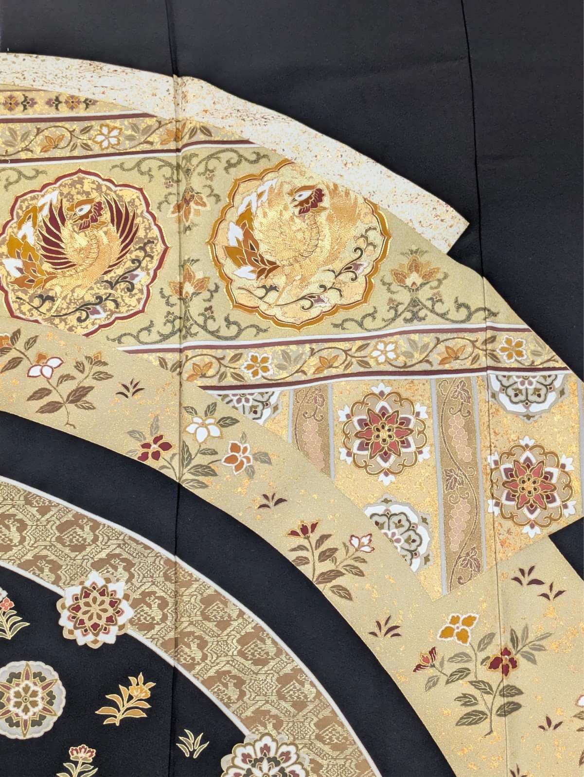 Authentic Japan Kimono Silk Black Tomesode Gold Phoenix Embroidery Textile Art