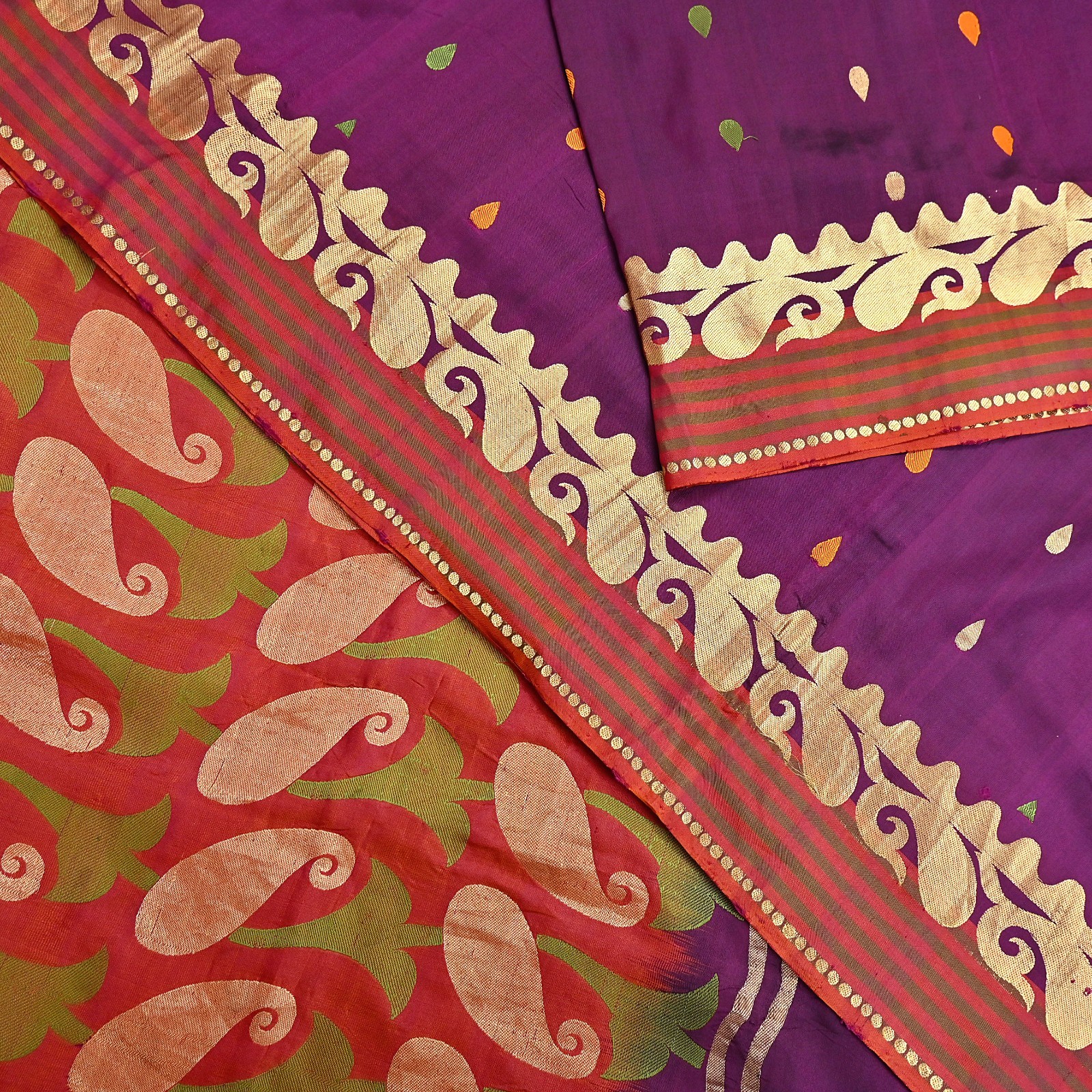 Indian Vintage Heavy Sari Purple & Orange Hand Woven Sarees 100% Pure Silk Zari
