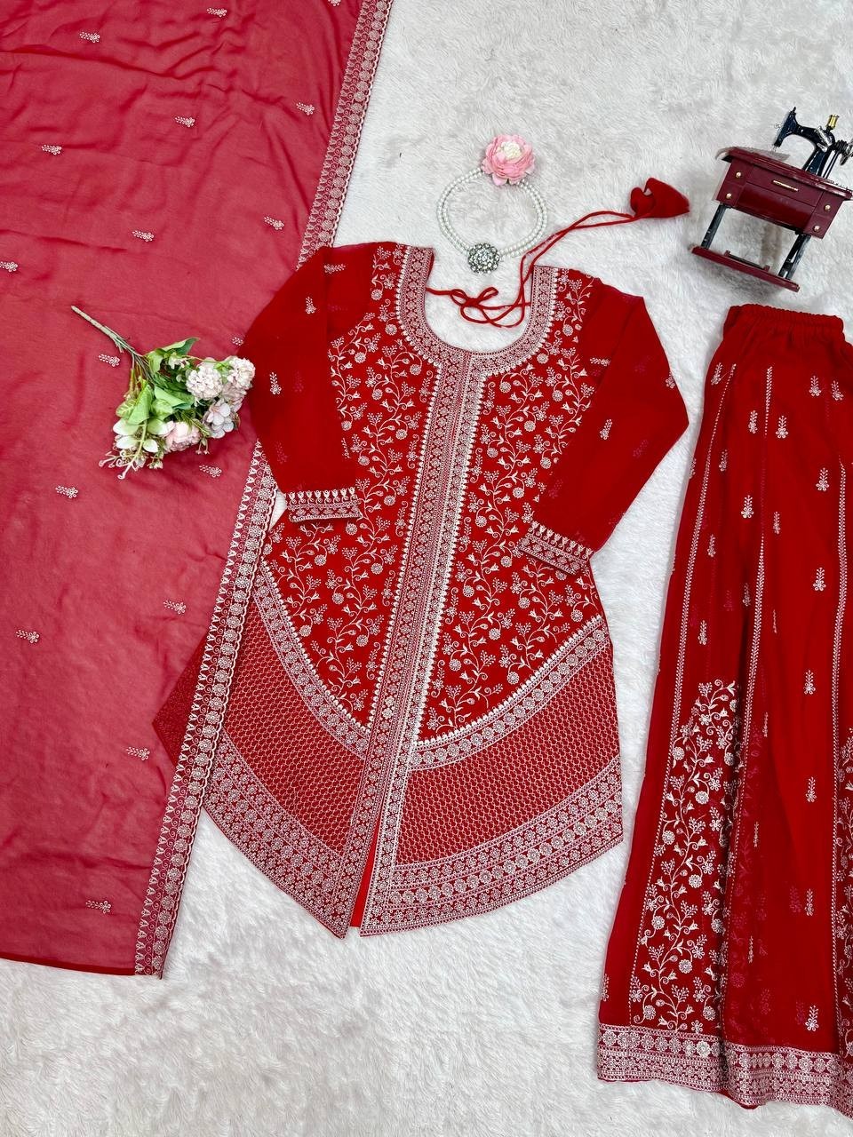 Presenting Faux Georgette Red Palazzo Suit With Dupatta For Wedding Wear