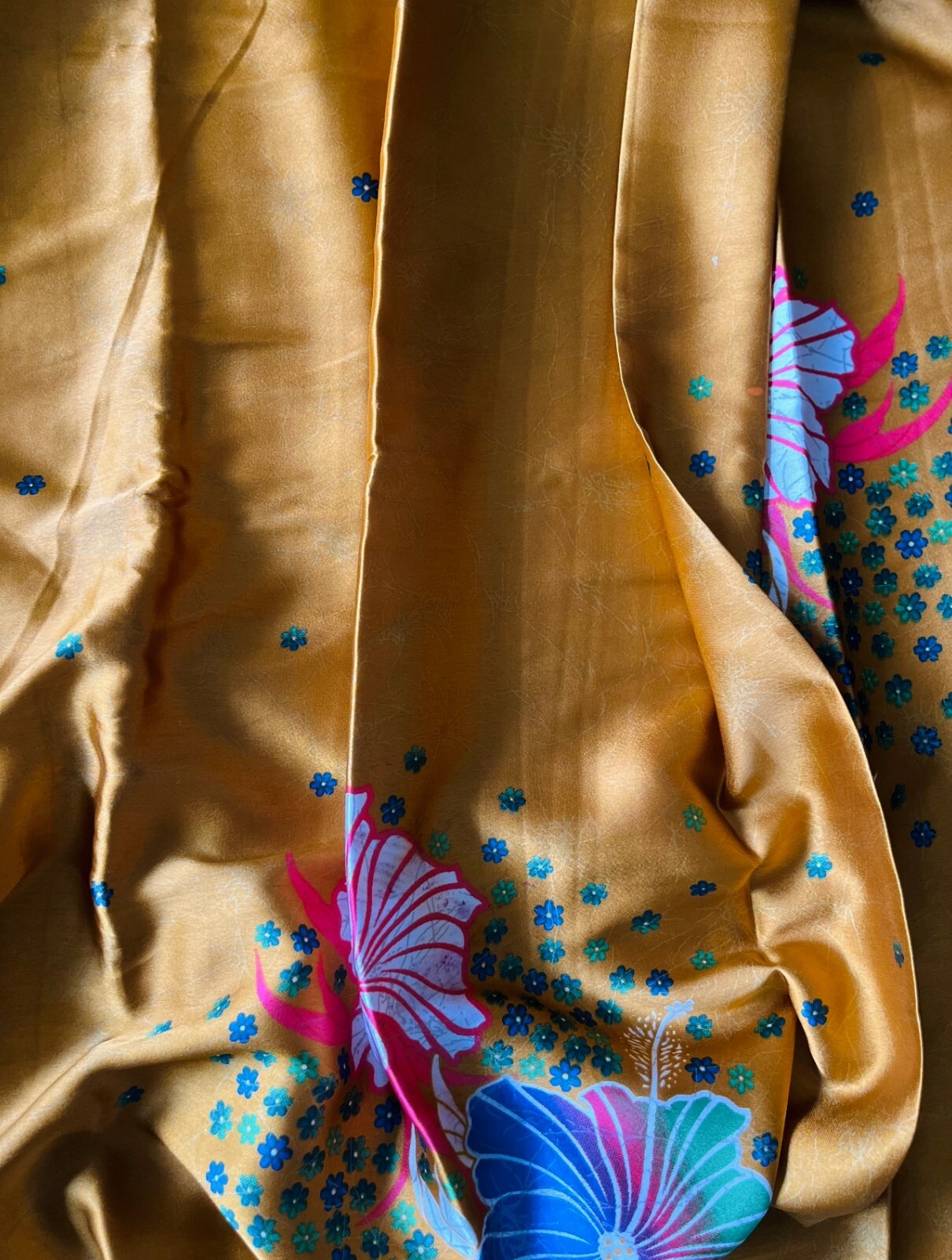Pure Silk Batik Saree – Mustard Yellow with Red, White & Blue Floral Design