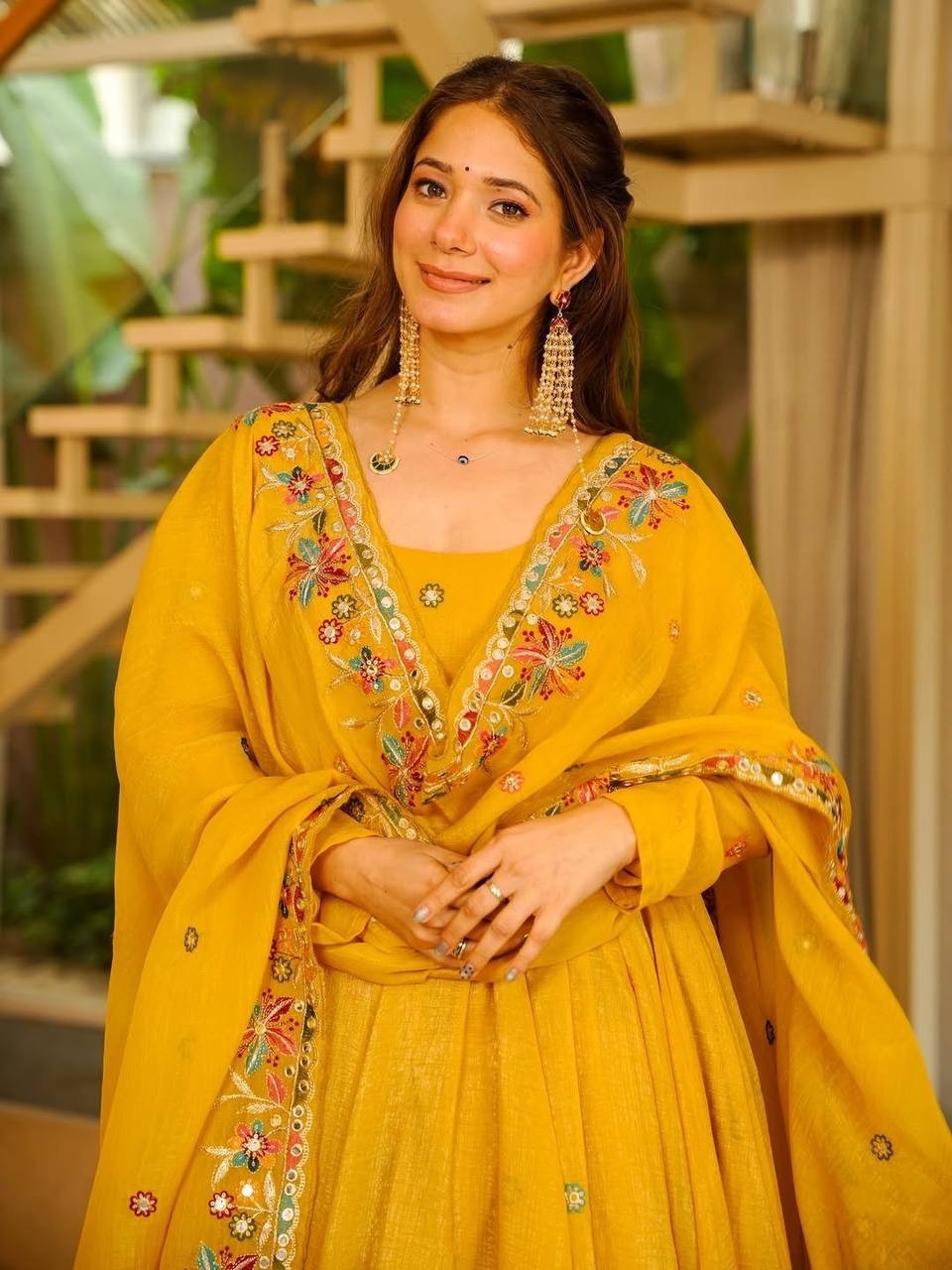 Haldi Pithi Yellow Anarkali Gown Wedding ceremony Wear Gown Palazzo Suits