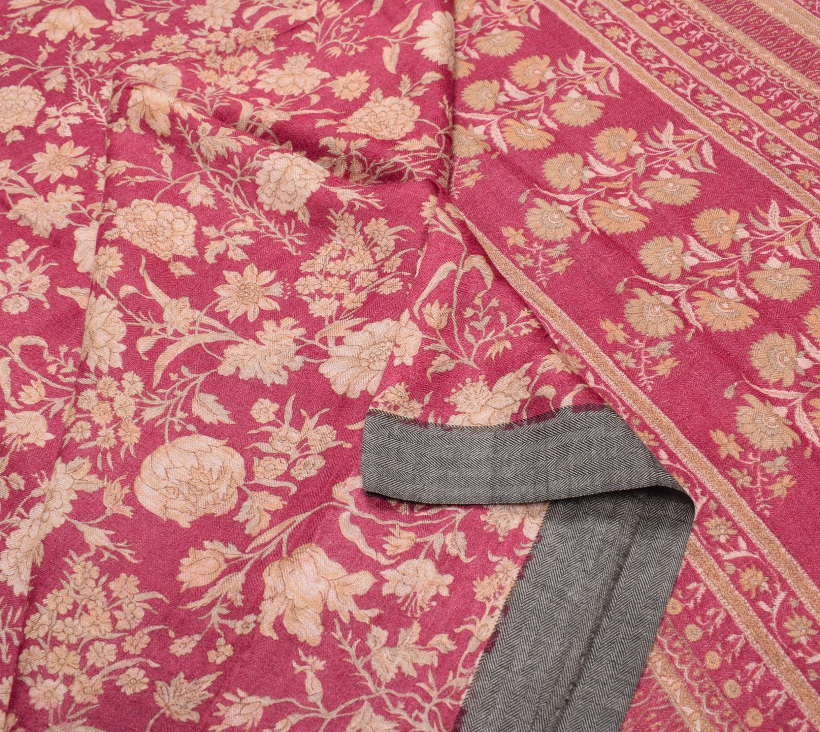 Sushila Vintage Pure Woolen Saree Floral Printed Woven Dark Magenta Sari Fabric