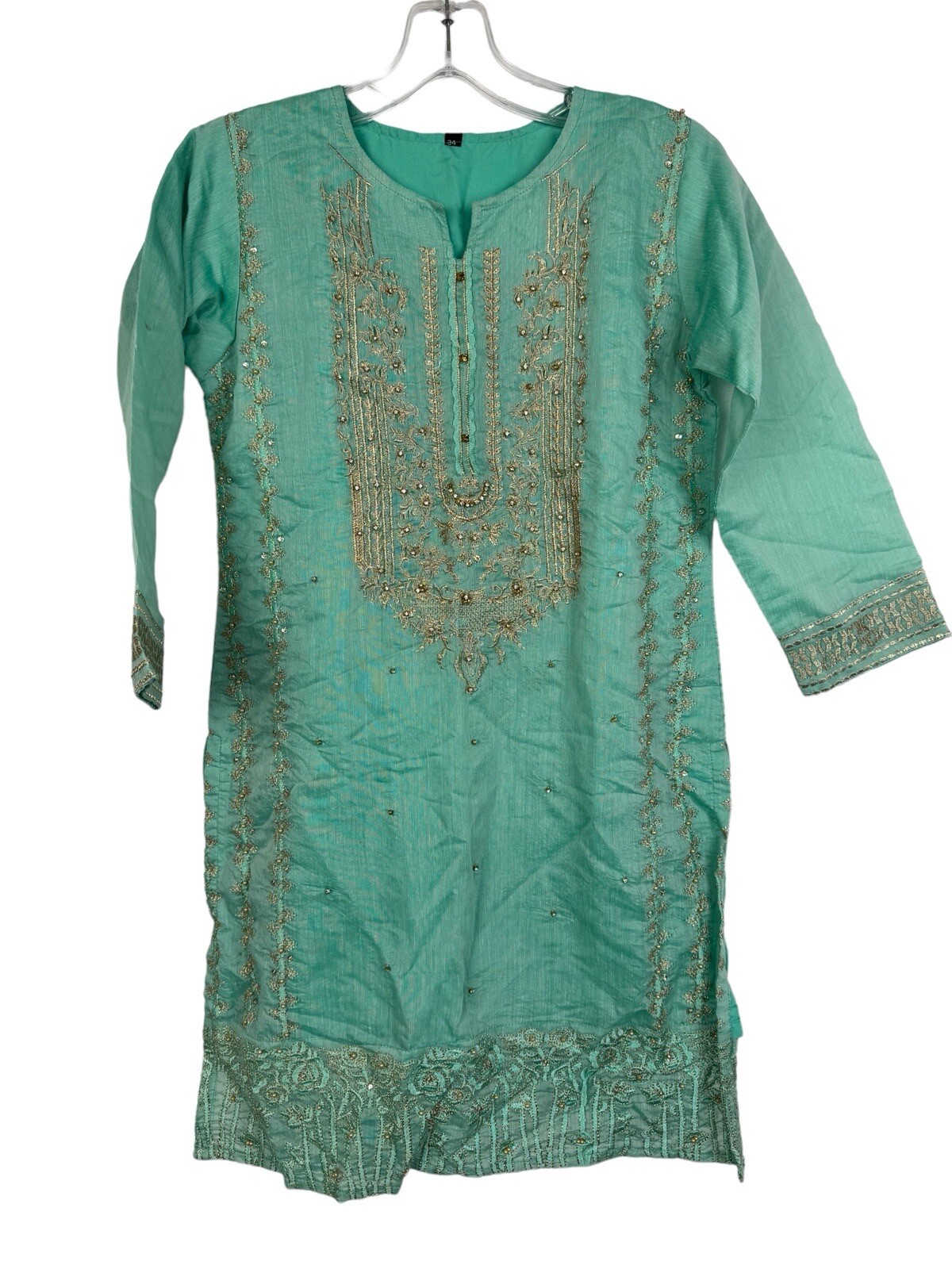 Girls Turquoise Blue Kurta Tunic Top Gold Metallic Thread Rhinestones Size 34