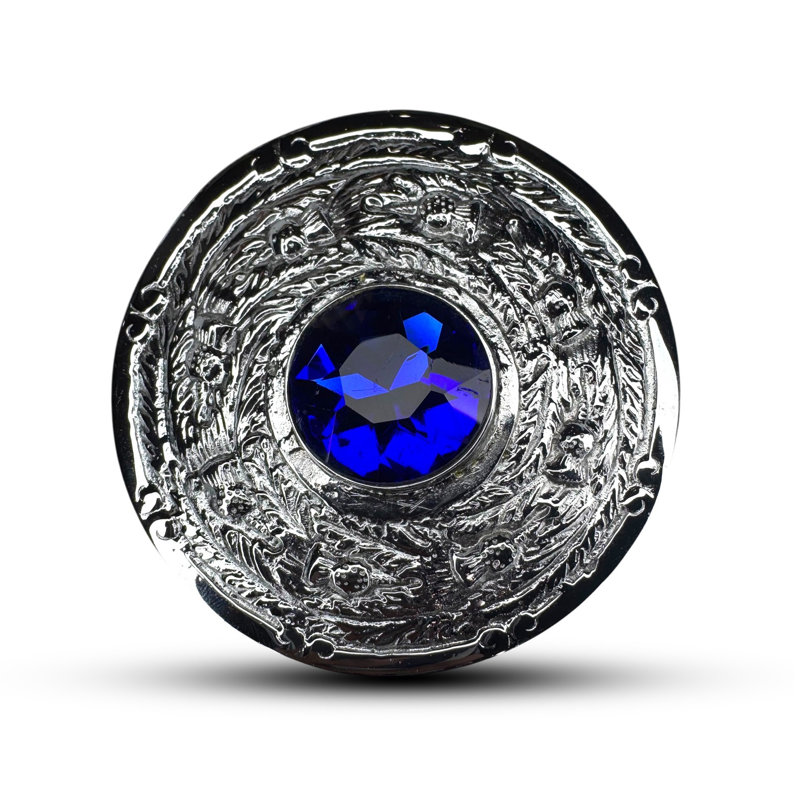 Scottish Highland Kilt Fly Plaid Brooch Thistle Blue Stone Nickel Chrome Finish