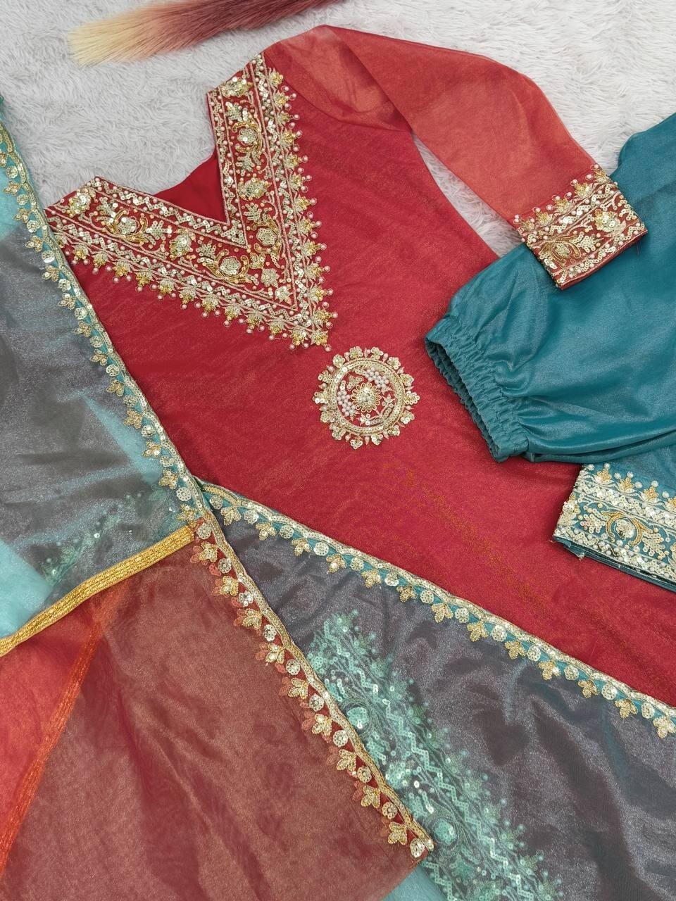 New Designer Red Twill Net Silk Kurta Palazzo With Dupatta For Party