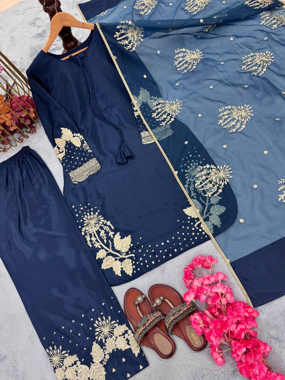 Party Collection Pure Natural Crepe Blue Top Palazzo And Dupatta For Women Wear