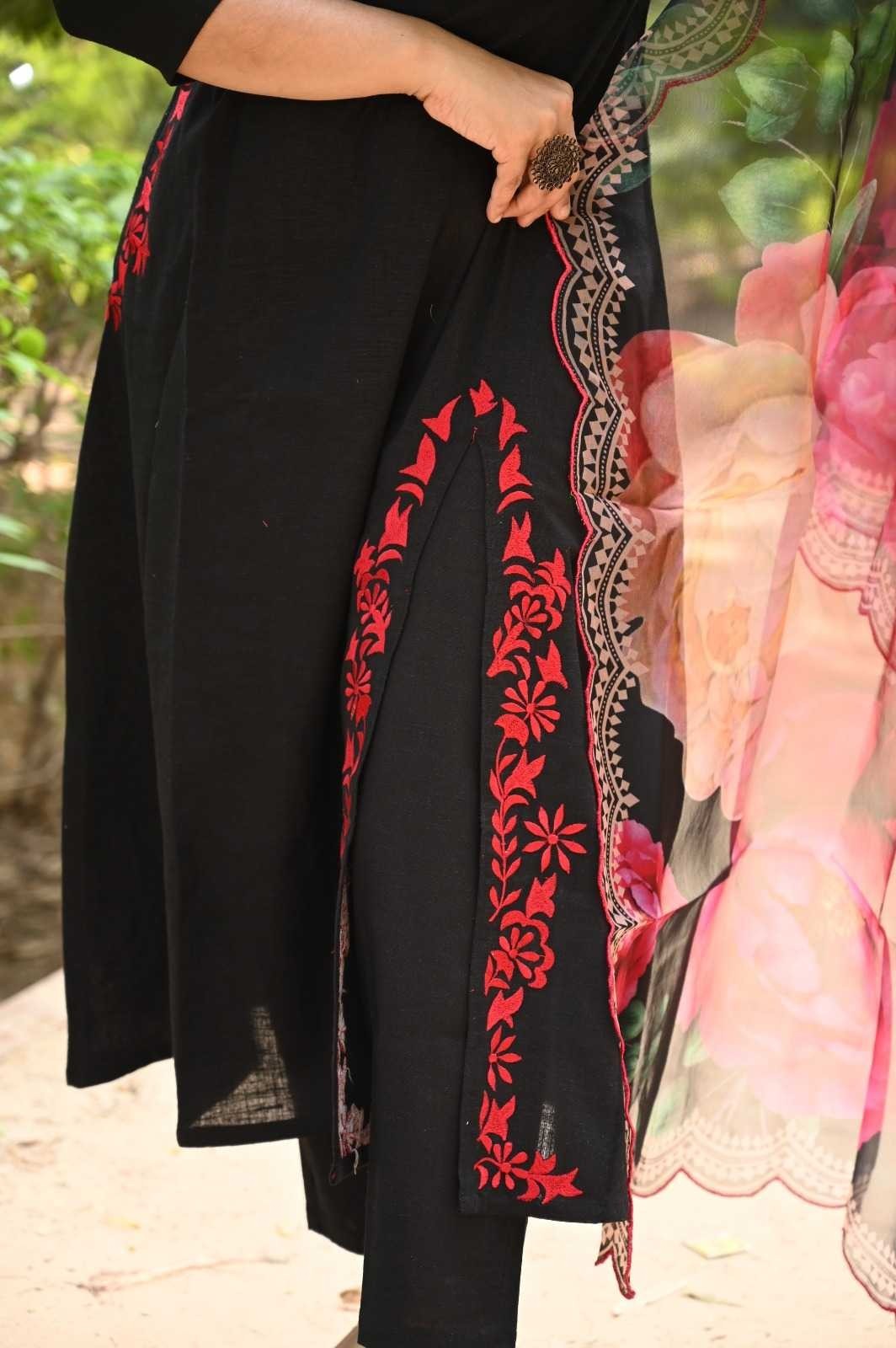 Women’s Black Embroidered Kurta Set with Floral Dupatta | Indian Ethnic Suit