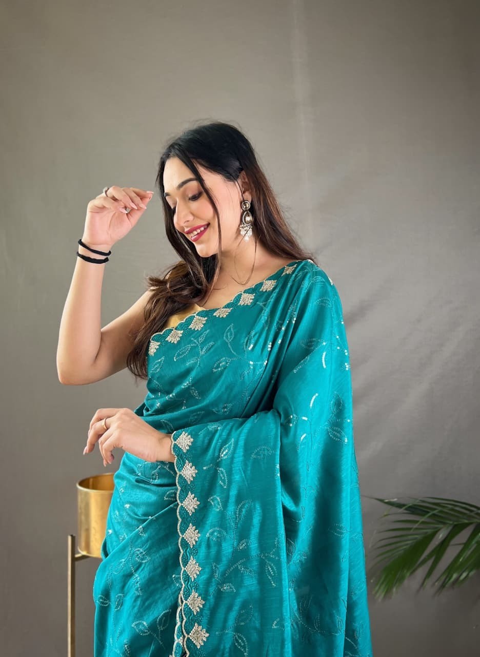 Women’s Pure Ruhi Silk Saree Jal Sequin Work Cutwork Border Party Wear Blouse