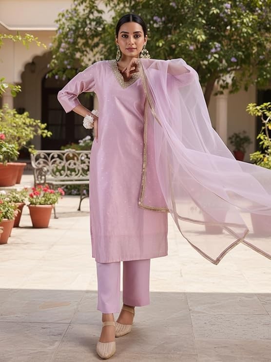 Cotton Silk with Zari Embroidery Kurta & Silk Crepe Pant Set And Net Dupatta