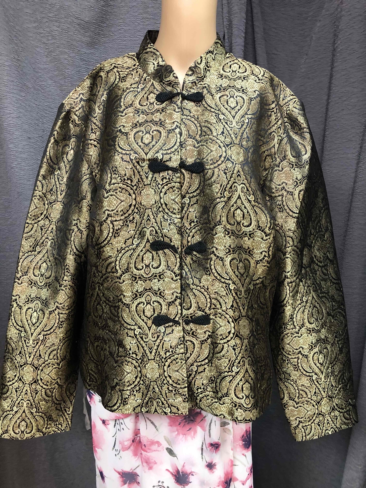 METAPHOR Gold Black Brocade Asian style Jacket Mandarin Collar Womens XL