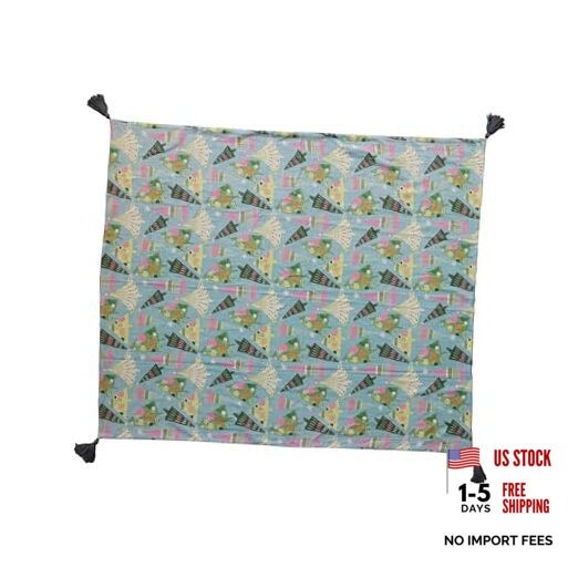 Cotton Slub Throw with Christmas Trees and Tassels, Multicolor