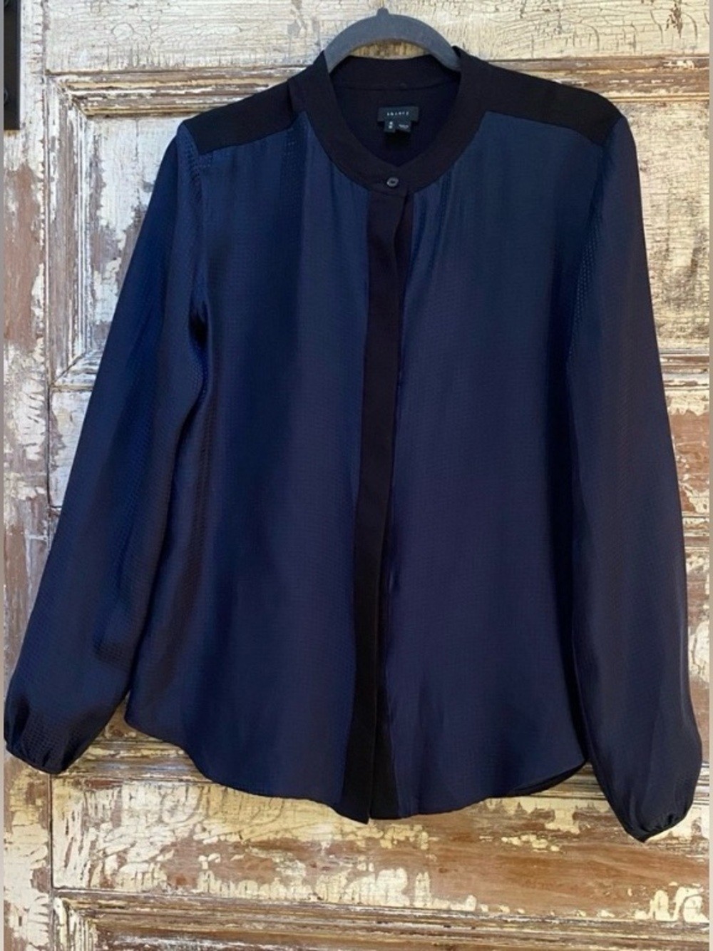 Theory 100% Silk Navy Collarless Button Down Blouse with Black Trim, Size M