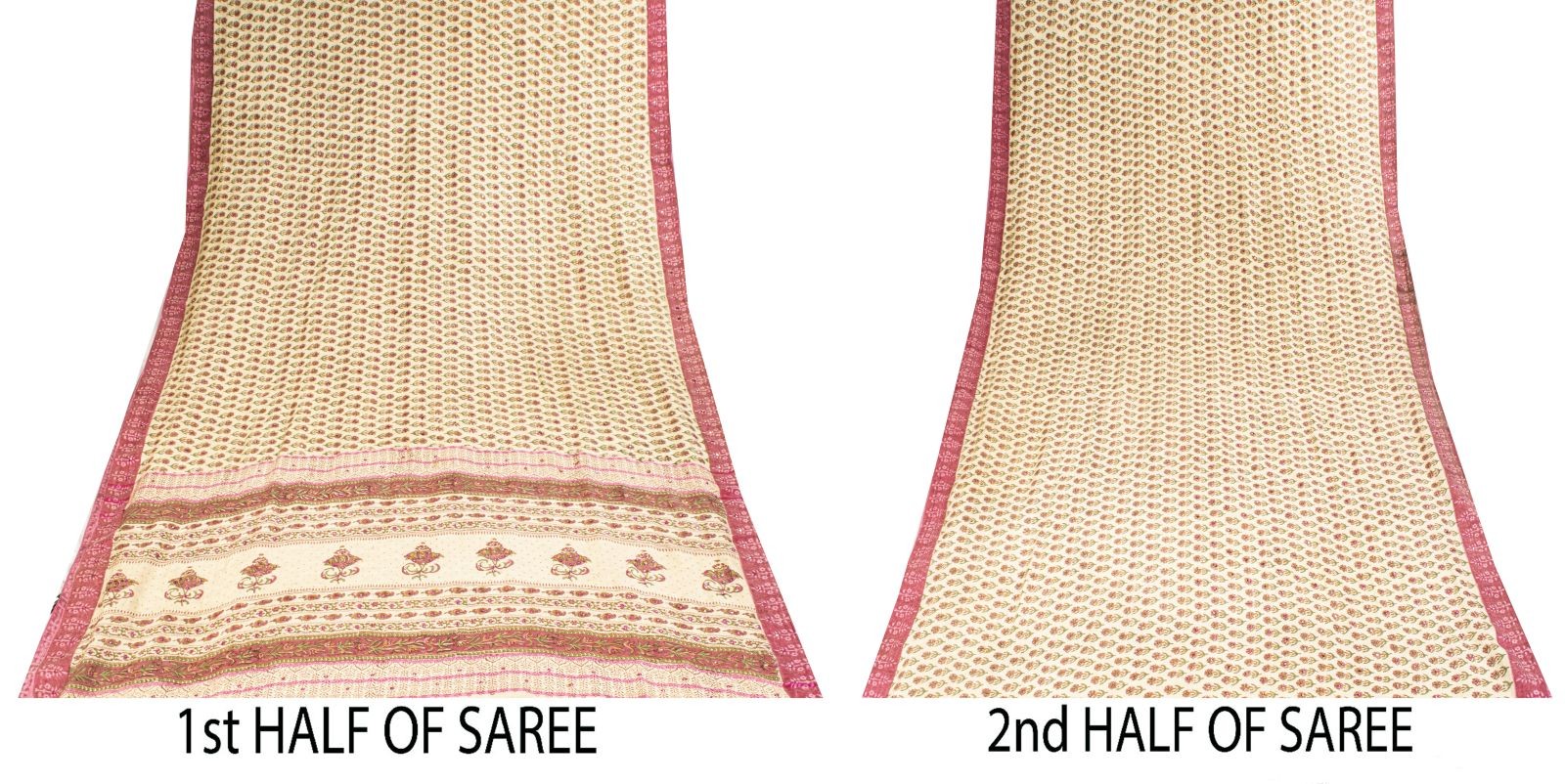Sanskriti Vintage Saree Cream Pure Woolen Sanganeri Hand Block Print Sari 5.5+Yd