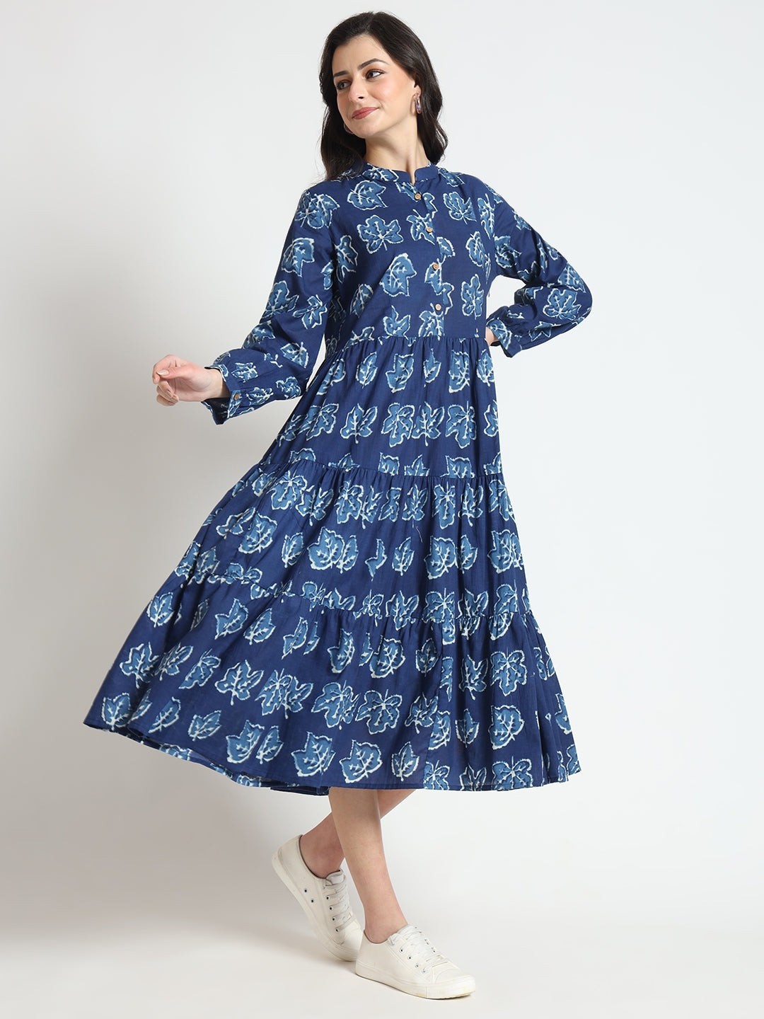 Blue Floral Print Cotton Fabric Flared Dress Plus Size & Regular | Flowy Boho