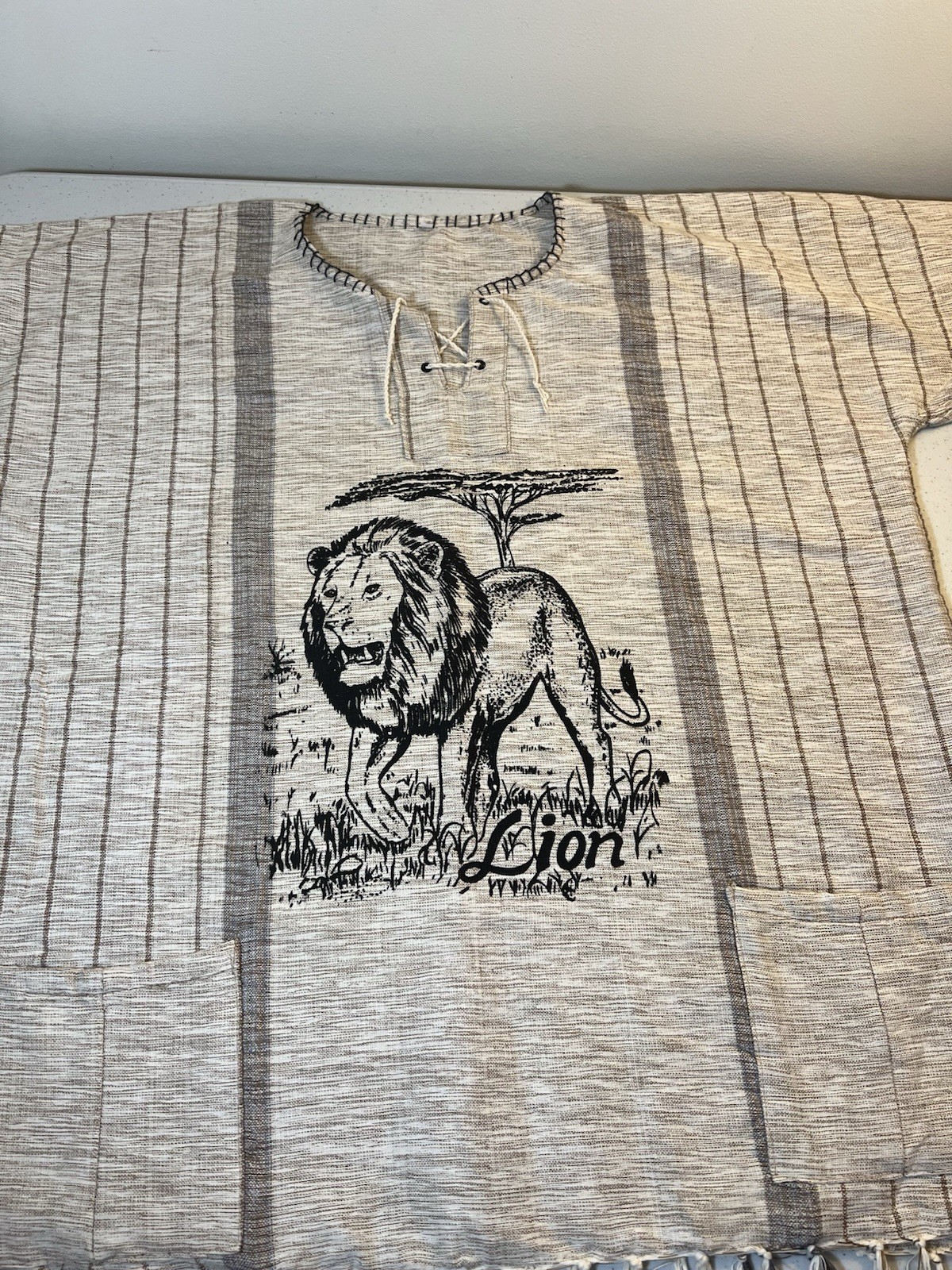 Africa Woven Lion Shirt Size XXL With 2 Pockets & Fringe Handmade In Africa