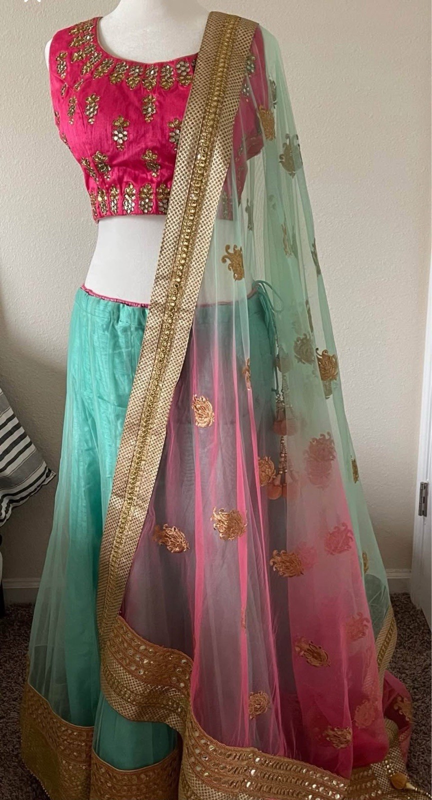 Pink & Green Choli with Gold Embroidery, Lehenga & Dupatta, Indian Outfit