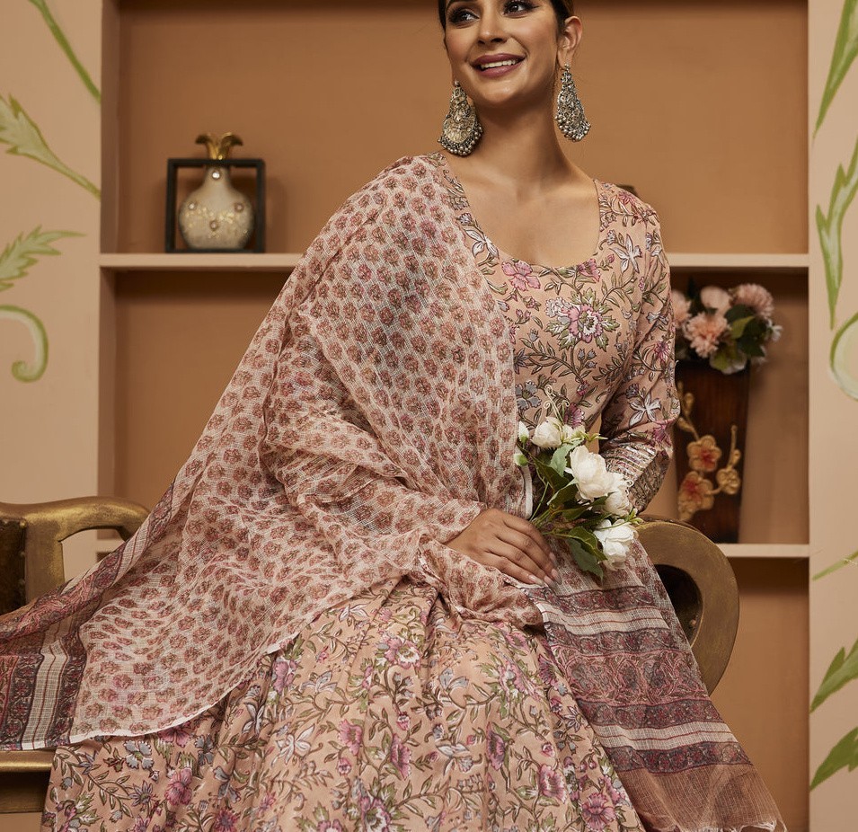 Handblock Floral Beige Cotton Anarkali Kurta Trouser Dupatta Set Plus Size
