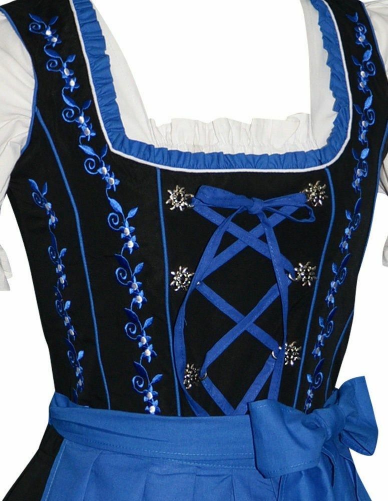 S 6 Black Blue German Dirndl Dress Oktoberfest Waitress Party SEE BACK SIDE 3pcs