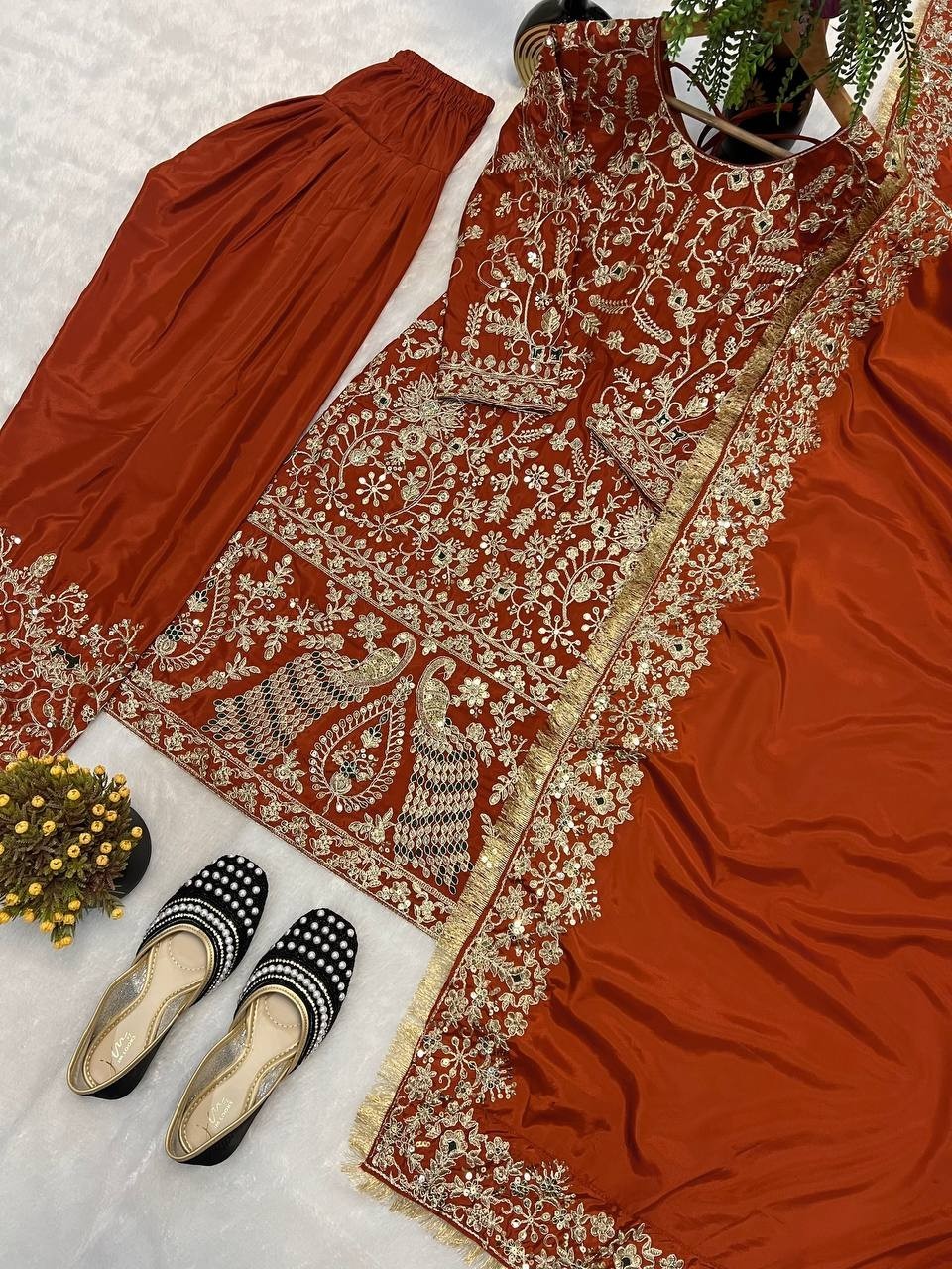 Exclusive Look Heavy Natural Crepe Top Bottom With Orange Dupatta For Function