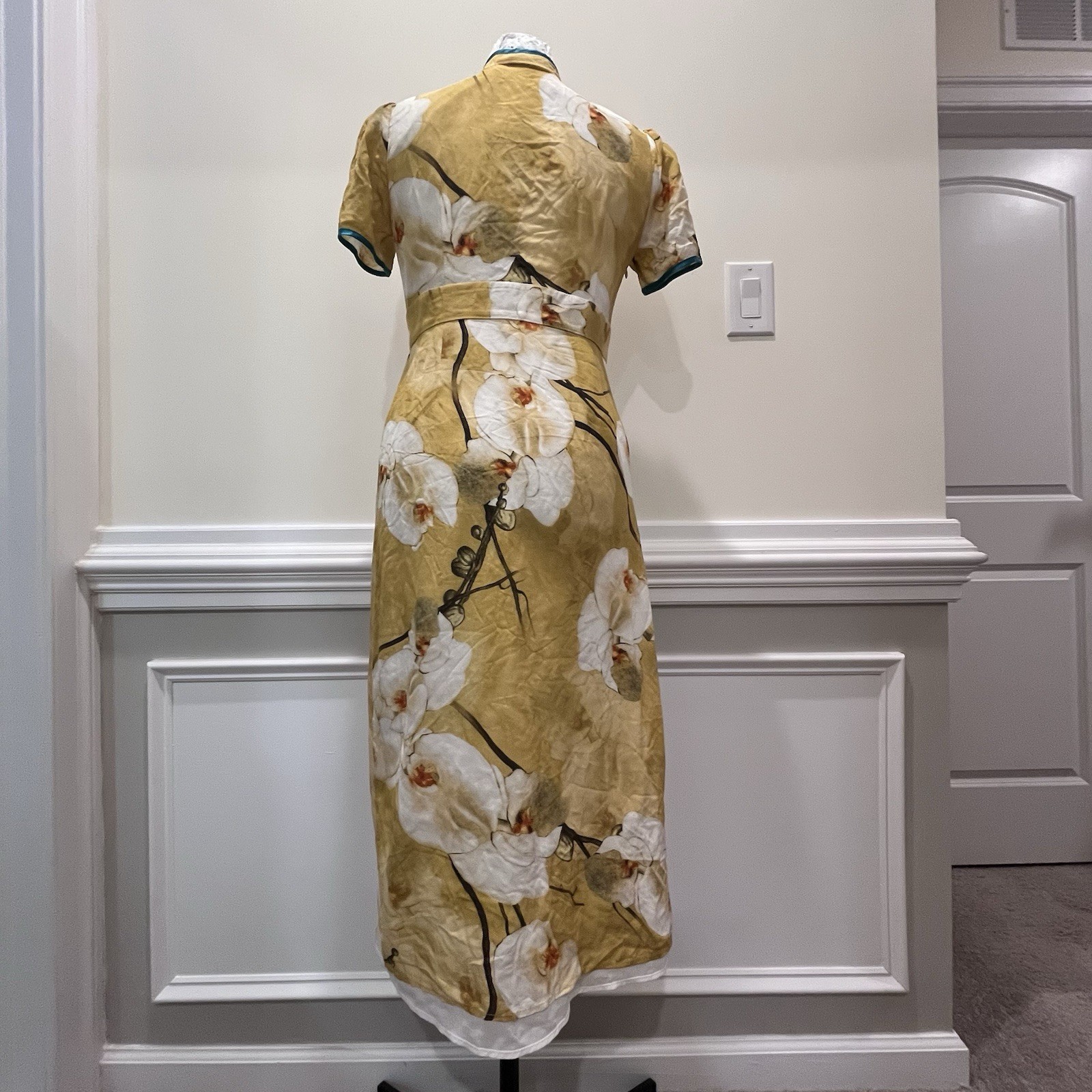 Chiffon Floral Cheongsam Dress Qipao Gold Orchid Midi Dress NWT Size XS S