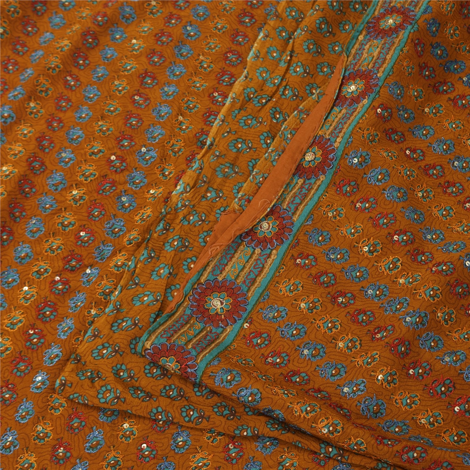 Sanskriti Vintage Yellow Sarees Pure Crepe Hand Embroidery Sari 6Yd Craft Fabric