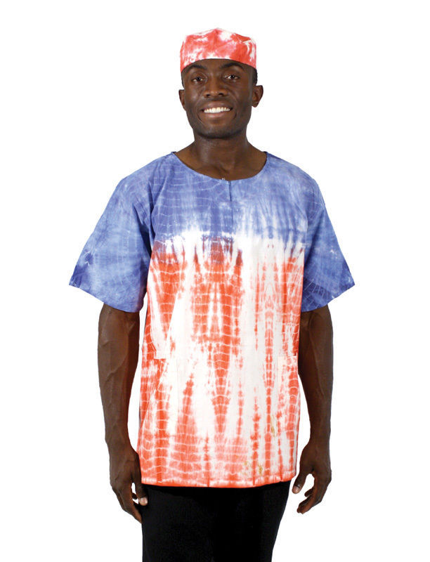 Men Women Red White Blue Cotton Tie Dye Shirt w/Pockets & Cap. One Size.