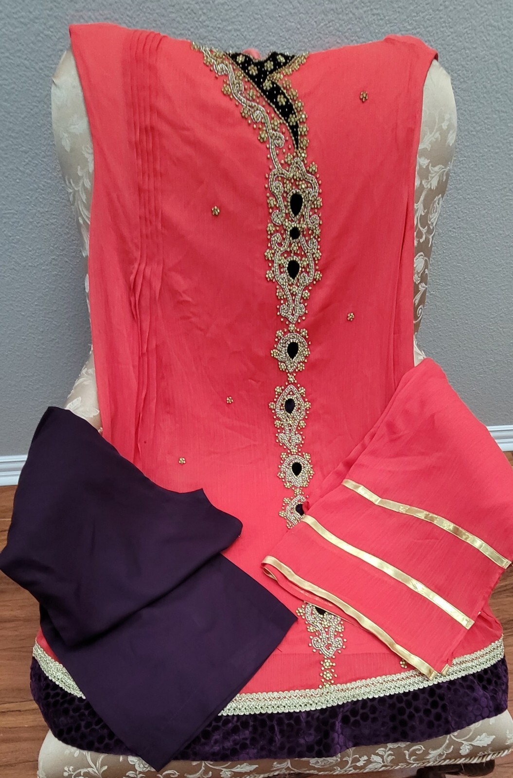 Orange Purple Shalwaar Kameez Pakistani Indian Chiffon Measurements Included