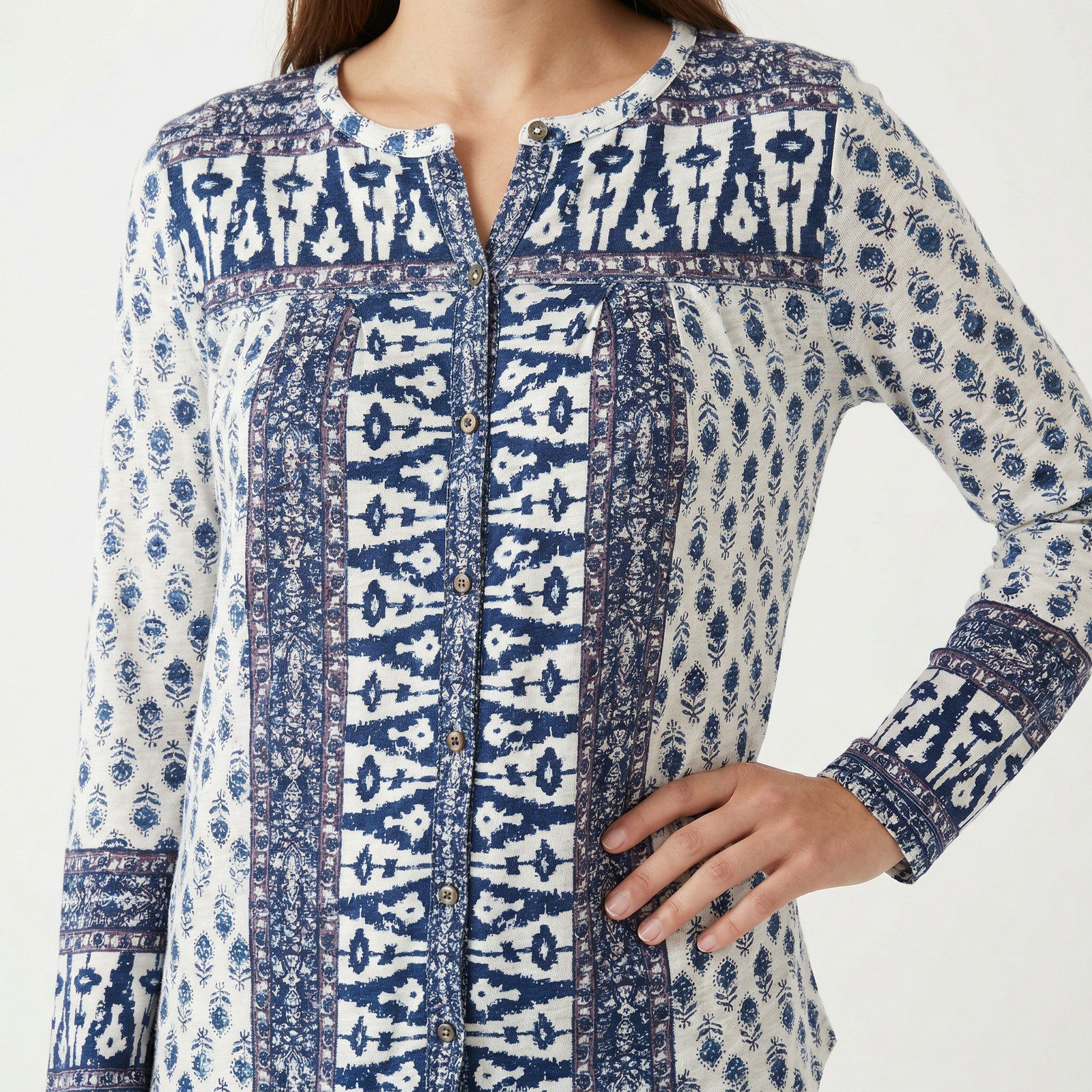 Lucky Brand Women’s Boho Mixed Print Henley Blouse Blue White Linen Blend S