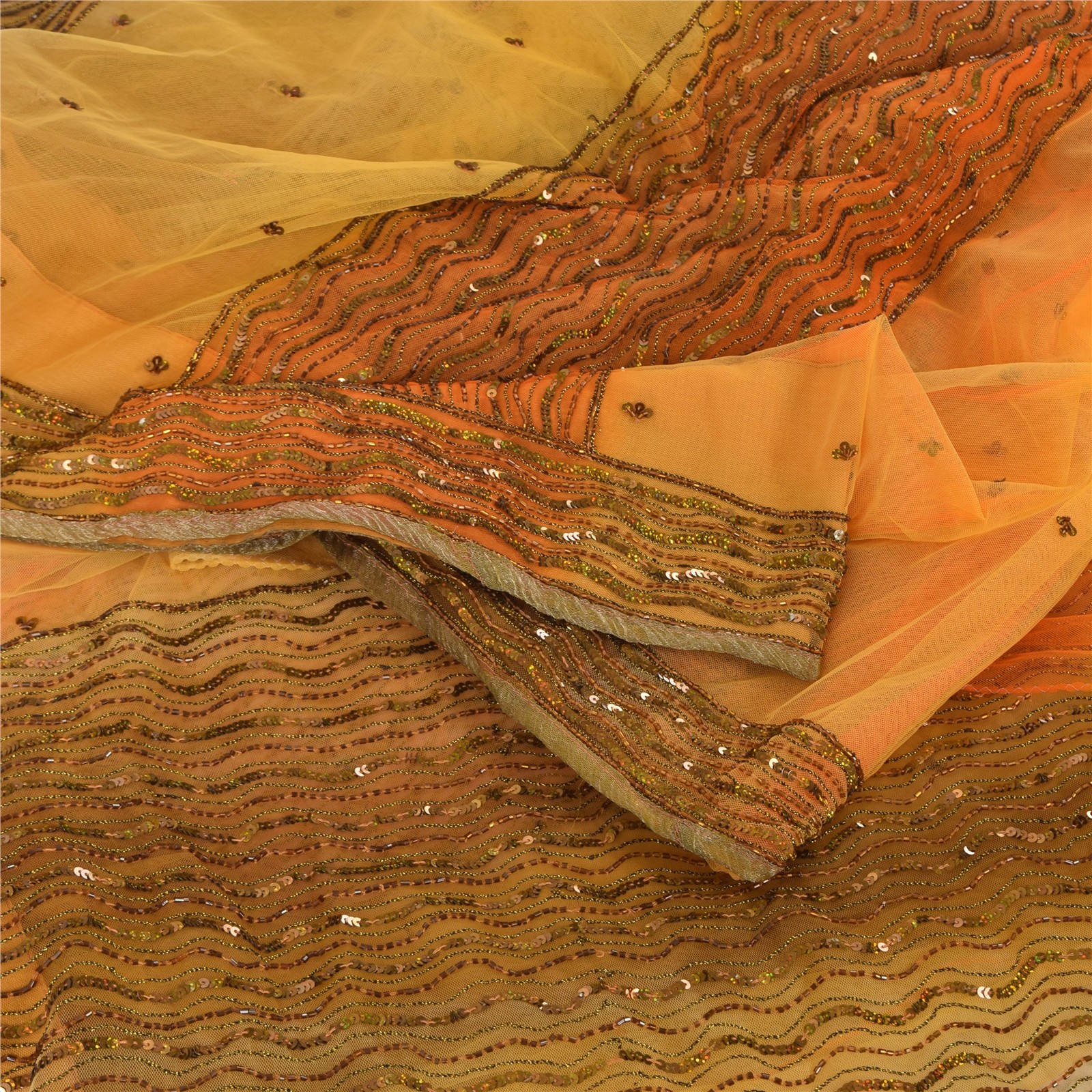 Sanskriti Vintage Yellow/Orange Sarees Net Mesh Hand Beaded Ethnic Sari Fabric