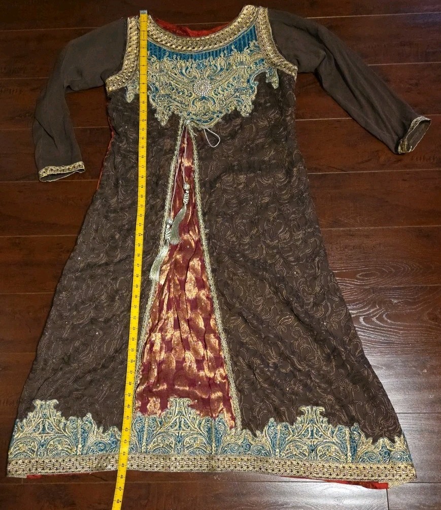 Womens Pakistani Long Embroidered Shirt Brown Green Red Banarsi Golden Tussle